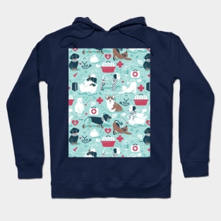 Veterinary medicine, happy and healthy friends // pattern // aqua background red details navy blue white and brown cats dogs and other animals Hoodie